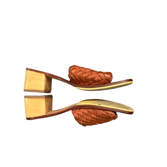 LIBERTÉ Santorini Leather Woven Cognac Mules Heeled Open Toe Sandals - Picture 11 of 14